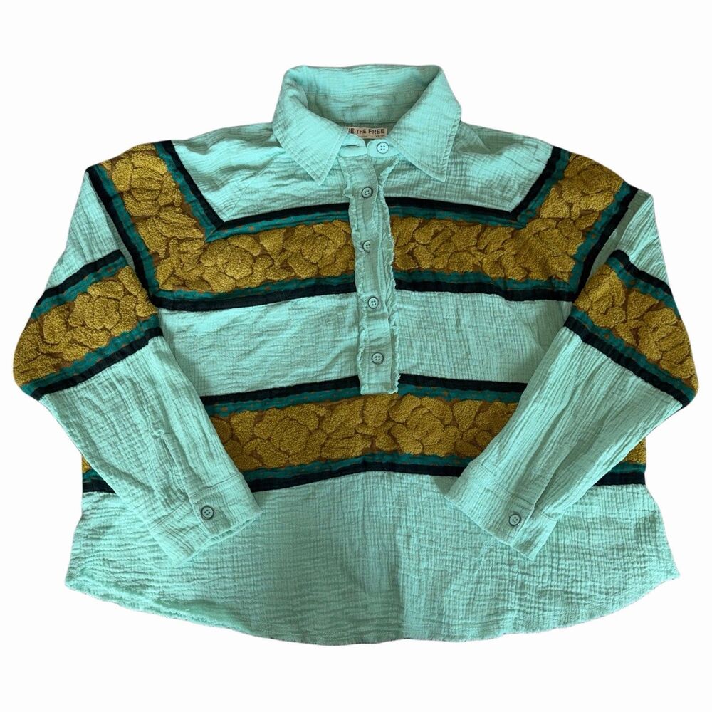 Free People We the Free Terry Rugby Pullover Blue Green Golden Yellow Size XS